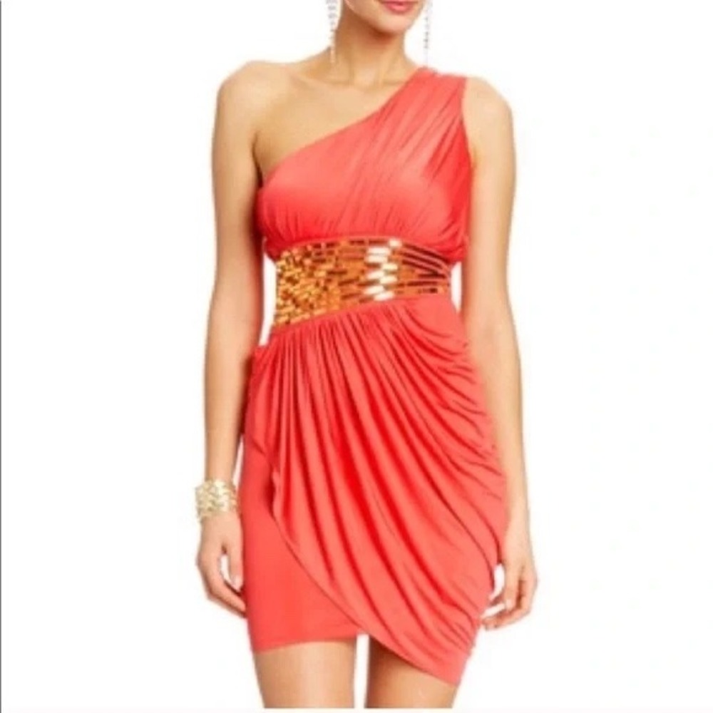 Vintage 2B Bebe Coral One-Shoulder Goddess Dress Gold Sequin Waist – Size Large